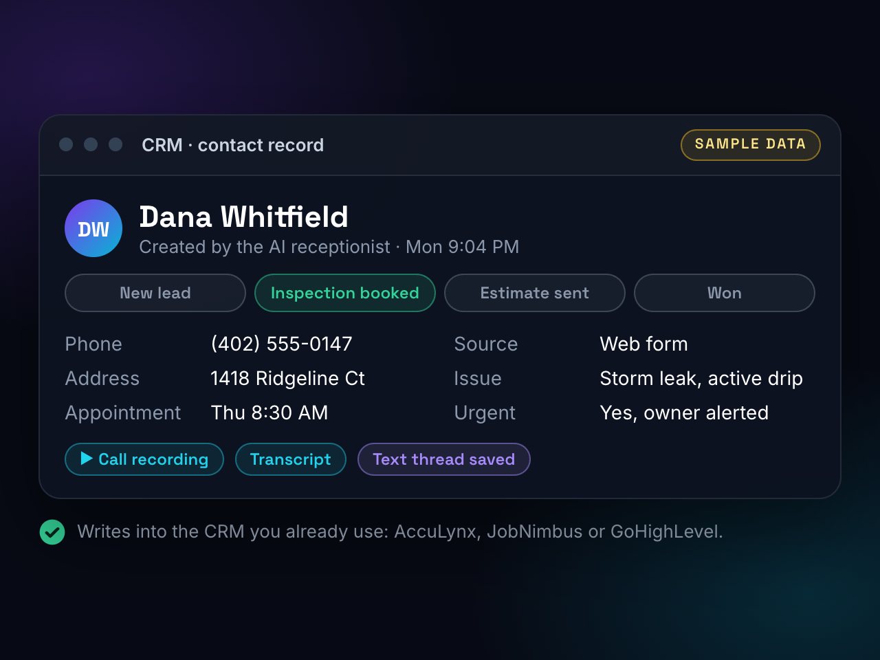 CRM contact record filled in by the AI receptionist: phone, address, issue, appointment, recording and transcript.