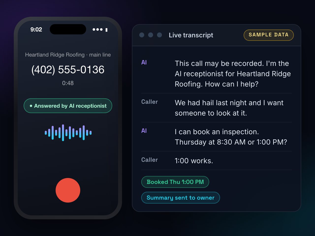 A call to the roofing company's main line answered by the AI receptionist, with the transcript and the inspection it booked.