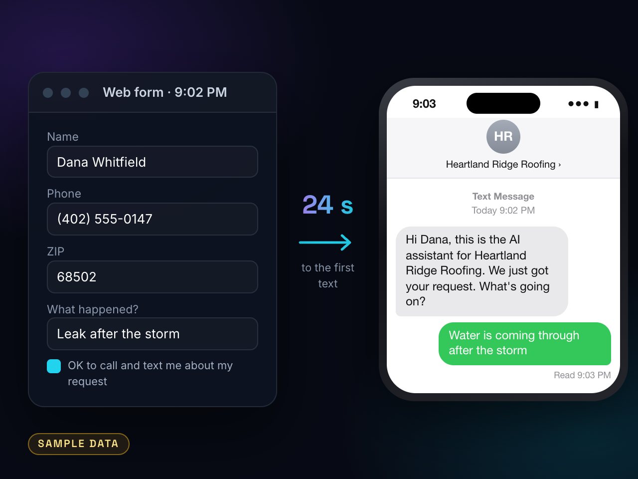 A web form at 9:02 PM and the text back from the company's number 24 seconds later.